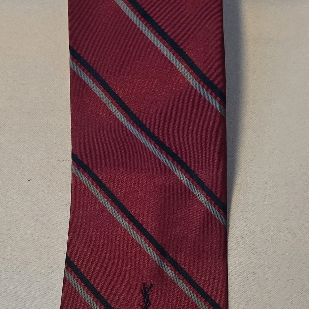 Yves Saint Laurent Red and Gray Diagonal Striped Tie